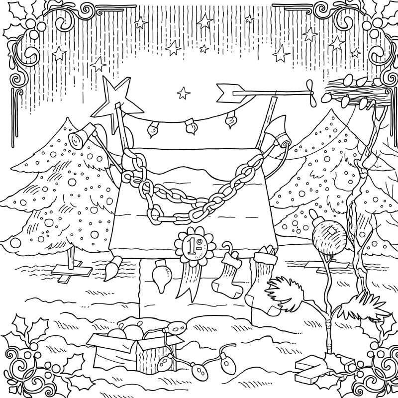 Black and white Christmas-themed illustration with trees, stockings, and ornaments.