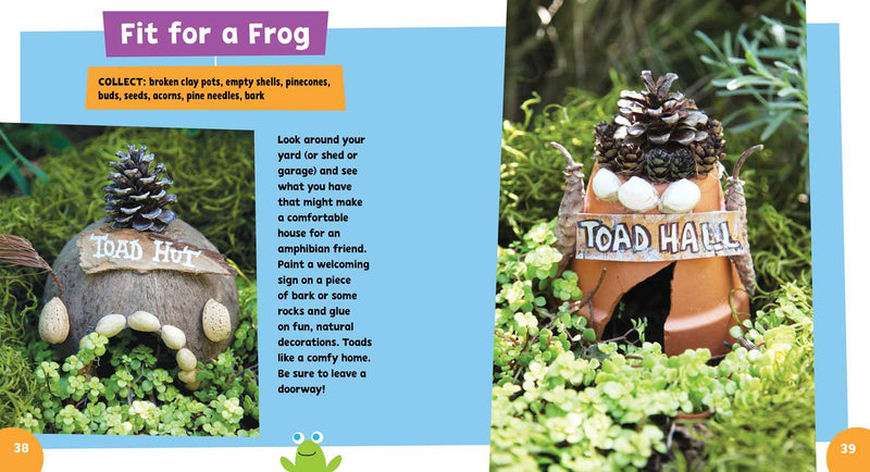 Gnome house and toad house with text on a garden-themed page