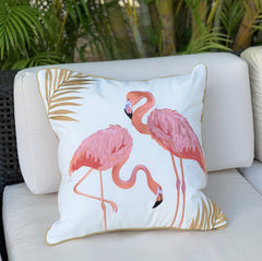 Flamingo Fancy Pillow styled on an outdoor sofa, adding a tropical touch to the decor.
