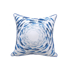 Front view of the Azure Fish School Indoor/Outdoor Throw Pillow showcasing a heavily embroidered multi-blue fish school design on a white background.