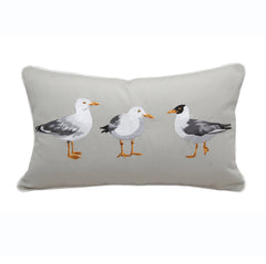 Front view of the Seagull Indoor/Outdoor Pillow showcasing its whimsical seagull embroidery and coastal charm.