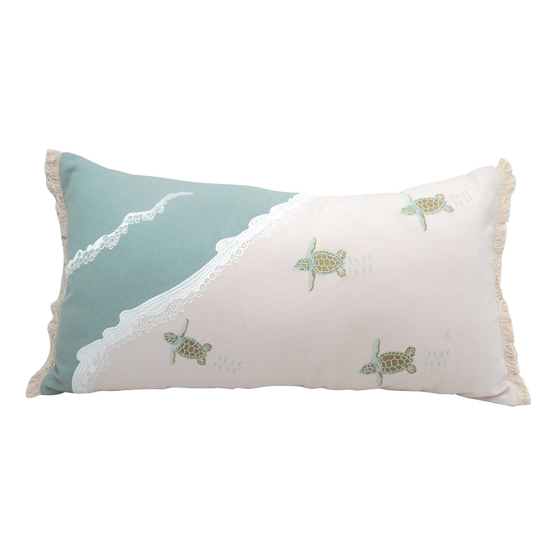 Front view of the Turtle Migration Pillow showcasing baby turtle embroidery and cream fringed edges.