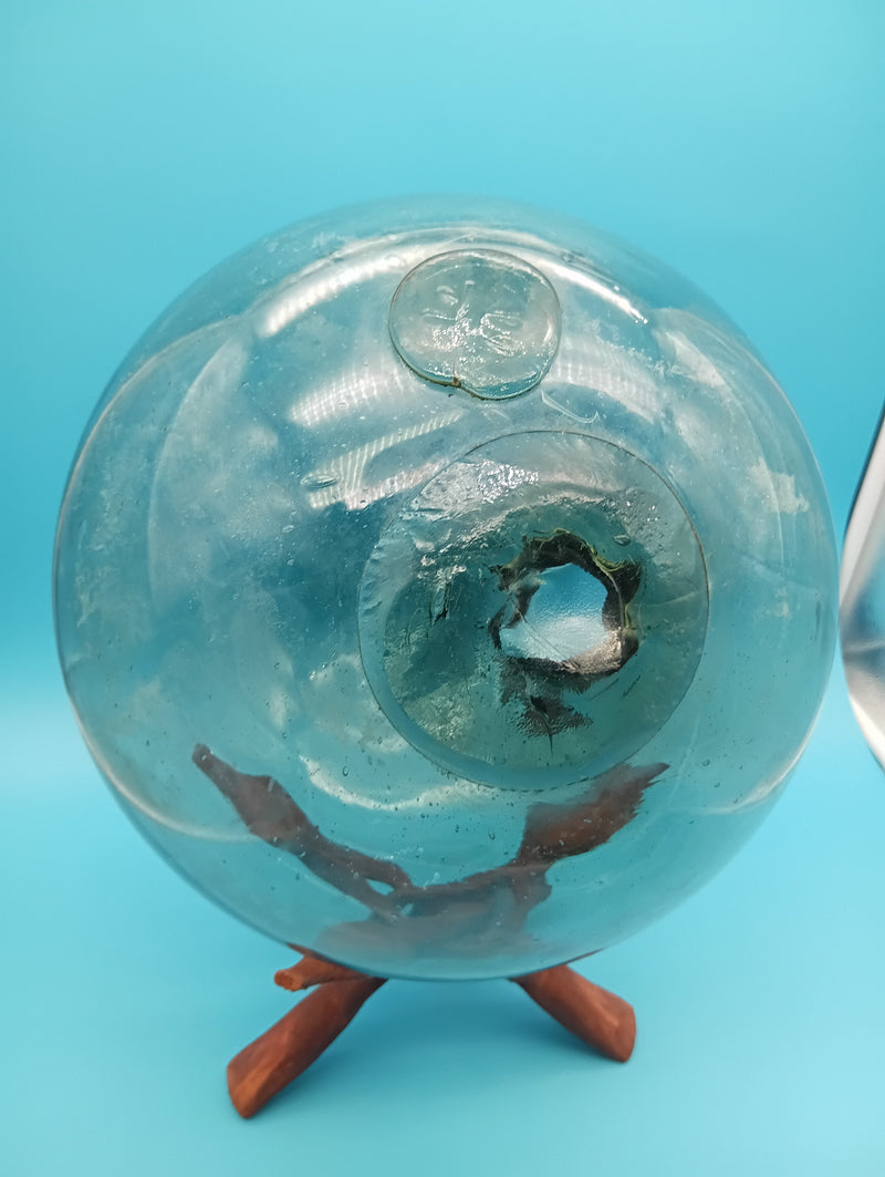 Hand-blown Japanese glass fishing float in aqua blue – nautical décor accessory