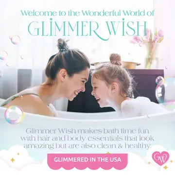 Woman and child in a bathtub with bubbles, promoting Glimmer Wish bath products.
