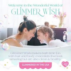 Woman and child in a bathtub with bubbles, promoting Glimmer Wish bath products.
