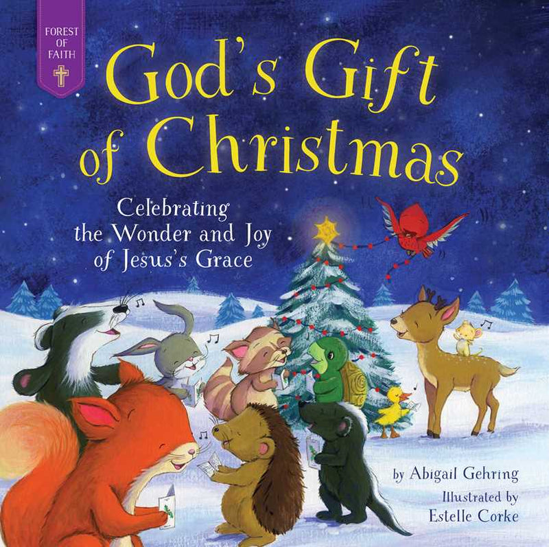 Book cover of 'God's Gift of Christmas' with animals around a Christmas tree.
