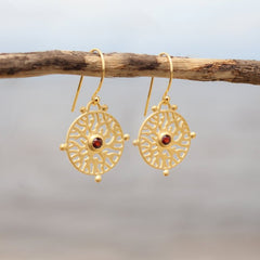 Coastal coral design earrings in gold with natural garnet gemstone