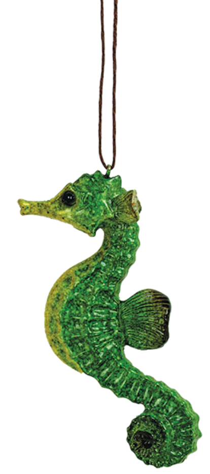 Green resin seahorse ornament with detailed texture and hanging cord for coastal or holiday décor.