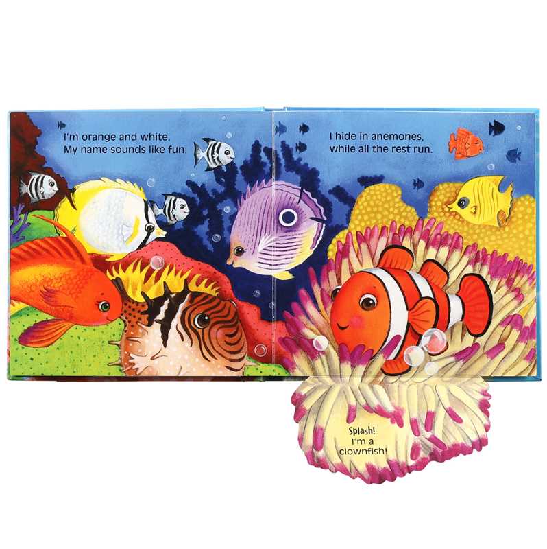 Children's book with colorful fish illustrations and text on a white background
