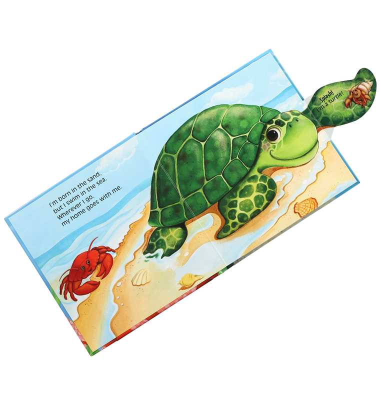 Children's book with a green turtle illustration on a white background