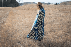 Alpaca wool throw blanket in blue Chakana geometric pattern - Andean home textile