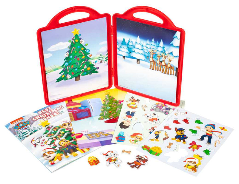 Children's sticker book with Christmas-themed pages and stickers on a white background