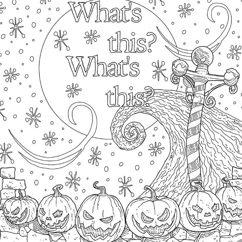 Black and white illustration with text 'What's this? What's this?' and Halloween-themed elements.
