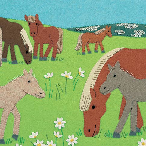 Horses in "Elusive Moose" children's board book featuring a moose hidden among forest scenery.