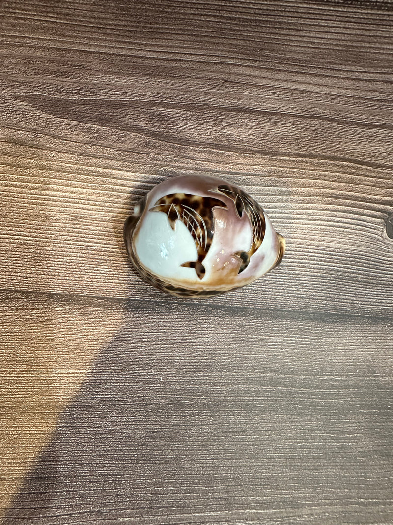 Hand-carved Cowry Shell with dolphins.