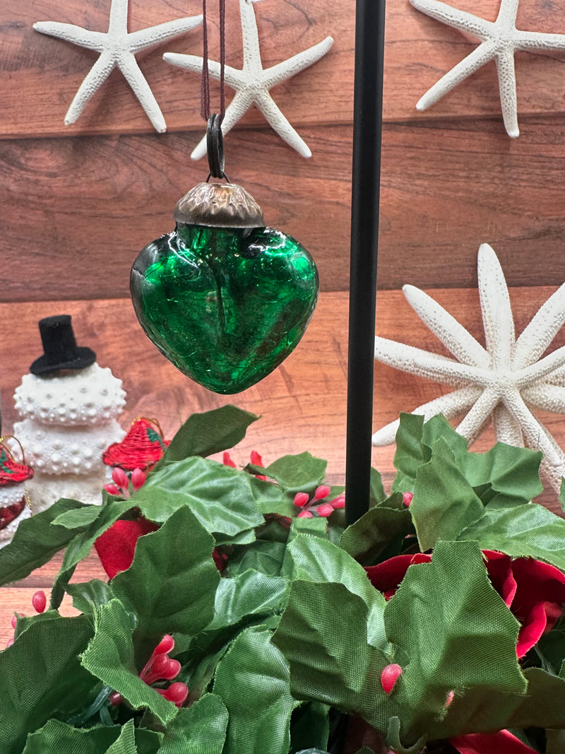 Small 1" Emerald Crackle Glass Hearts