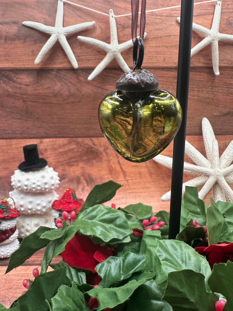 Small 1" Olive Green Crackle Glass Heart Decoration