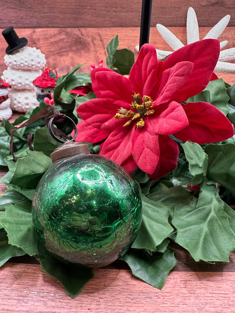 2" Medium Emerald Green Crackle Glass Christmas Ornament