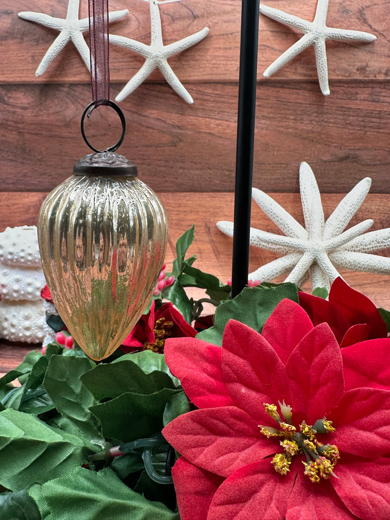 2" Medium Champagne Ribbed Glass Pinecone Shaped Ornament