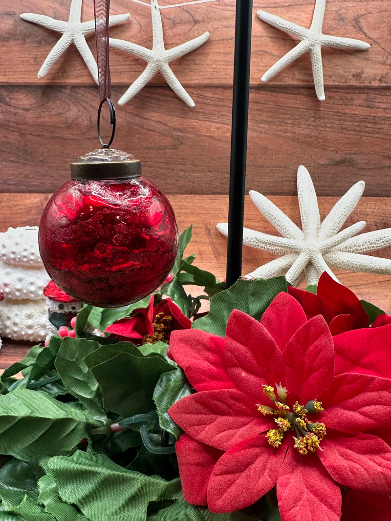 2" Medium Red Antique Foil Glass Christmas Bauble