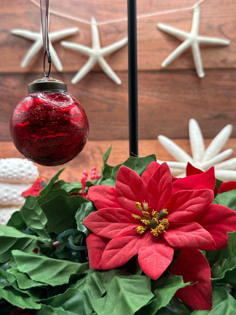 2" Medium Red Antique Foil Glass Christmas Bauble