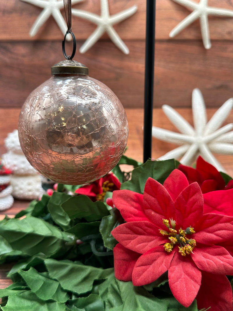 3" Large Rose Quartz Crackle Glass Christmas Bauble