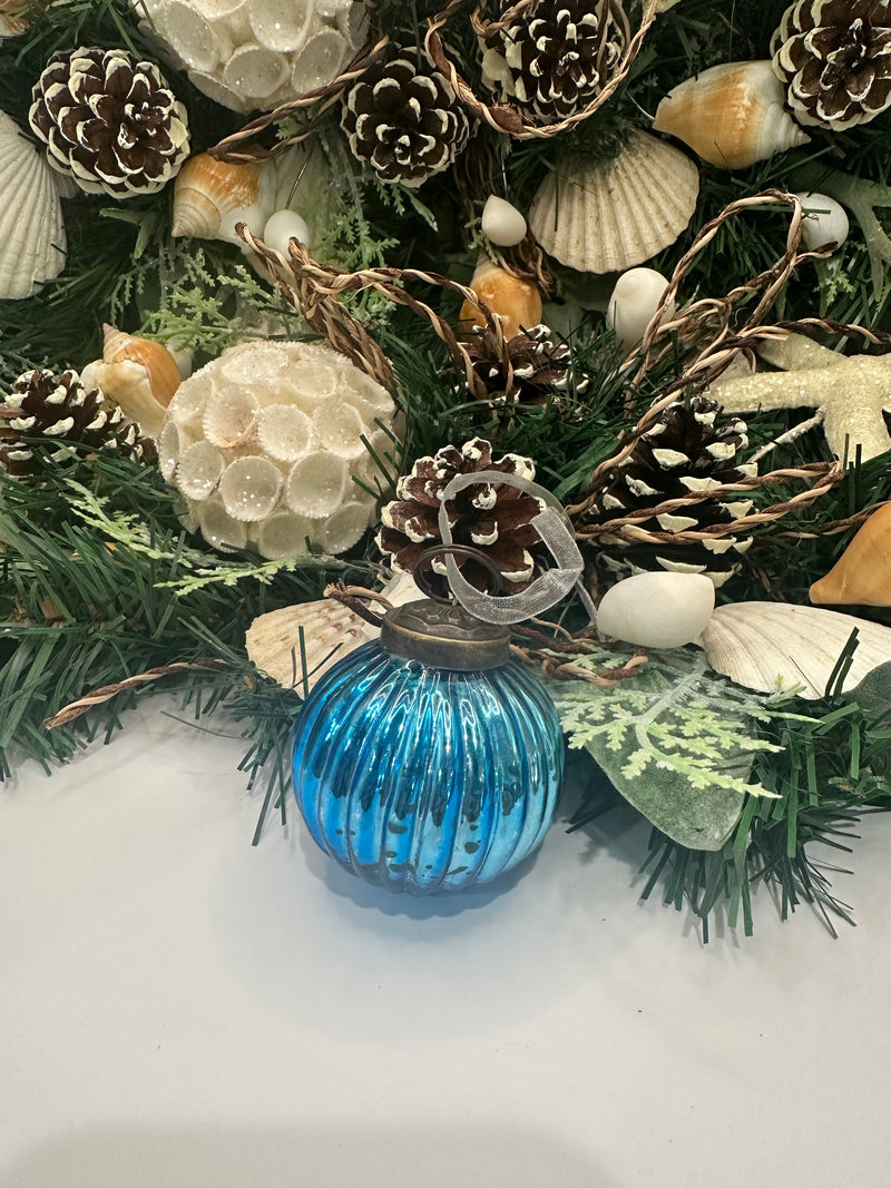 2" Medium Teal Ribbed Glass Christmas Bauble