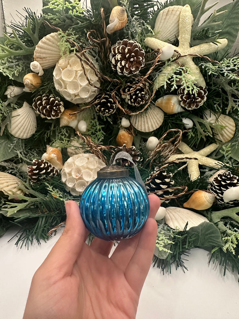 2" Medium Teal Ribbed Glass Christmas Bauble