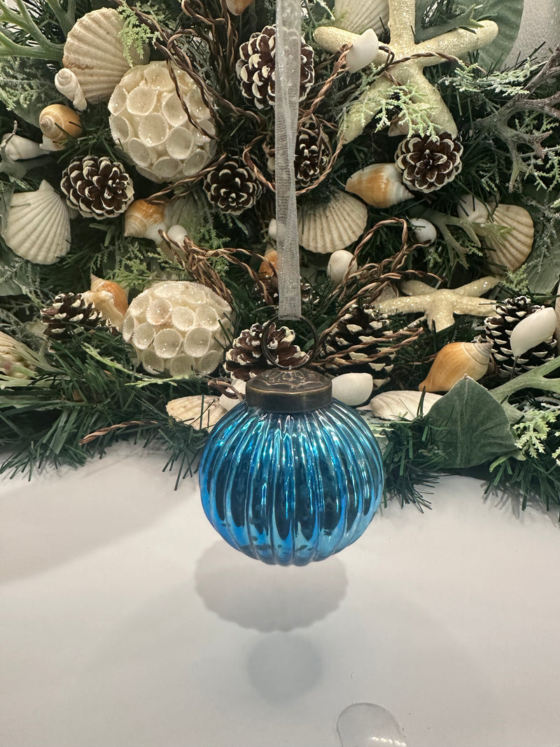 2" Medium Teal Ribbed Glass Christmas Bauble