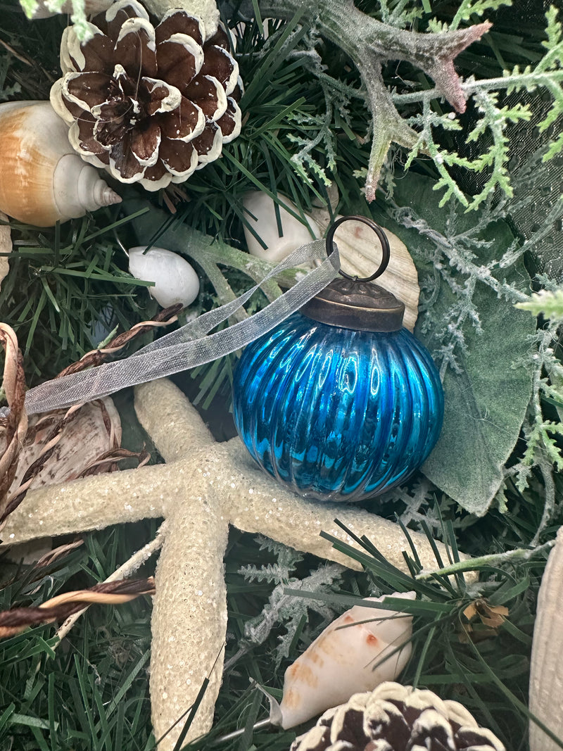 2" Medium Teal Ribbed Glass Christmas Bauble