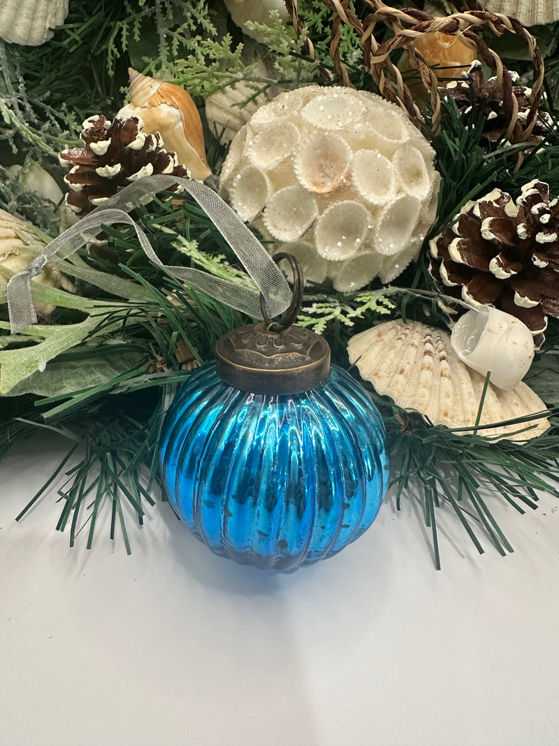 2" Medium Teal Ribbed Glass Christmas Bauble