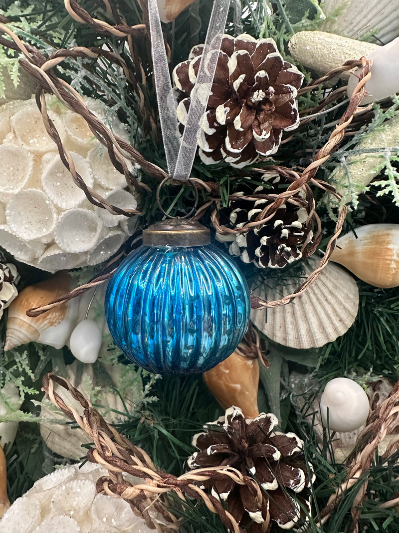 2" Medium Teal Ribbed Glass Christmas Bauble