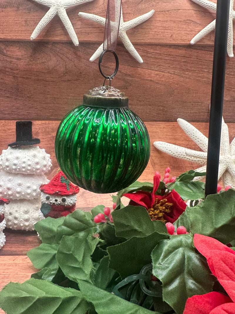 2" Medium Emerald Green Ribbed Glass Christmas Bauble