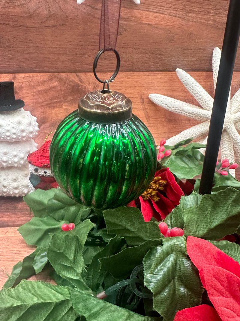 2" Medium Emerald Green Ribbed Glass Christmas Bauble