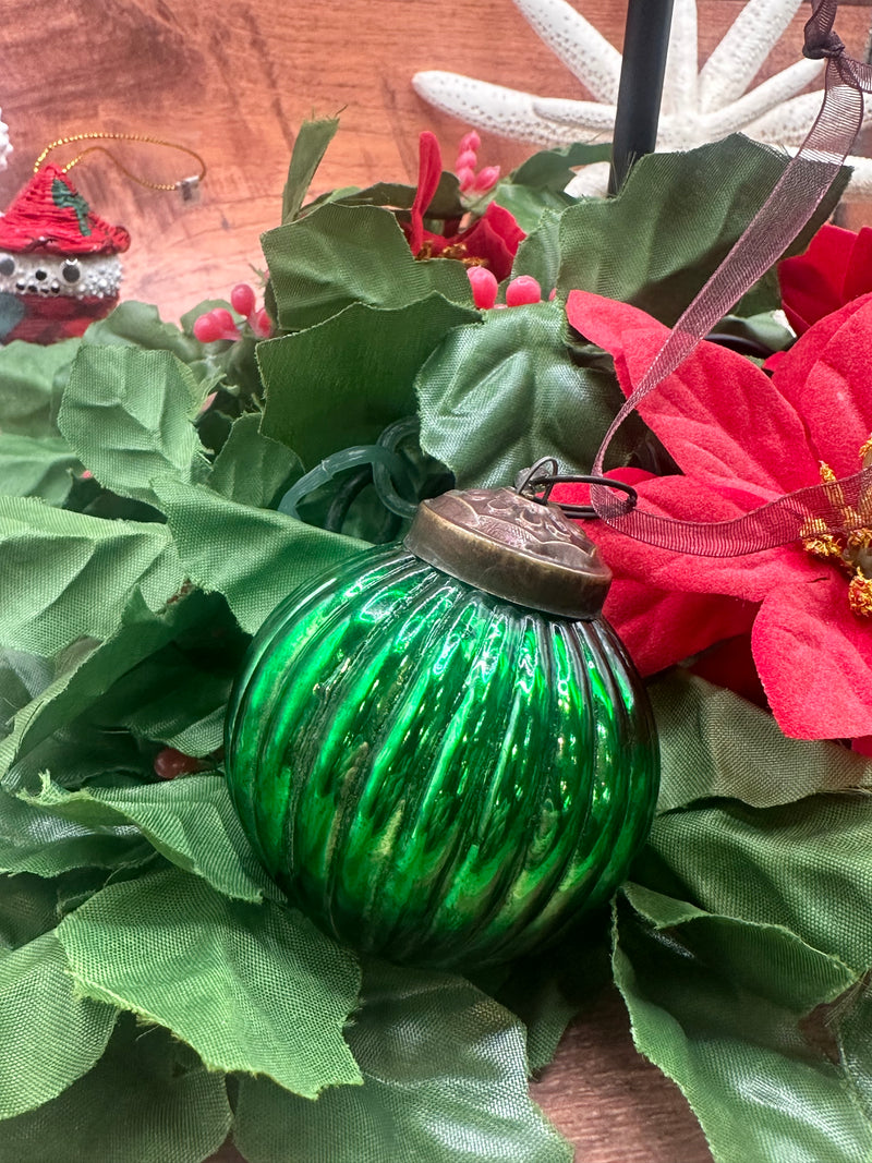 2" Medium Emerald Green Ribbed Glass Christmas Bauble