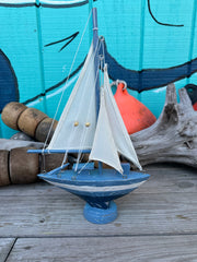 Blue & White Wooden Sailboat