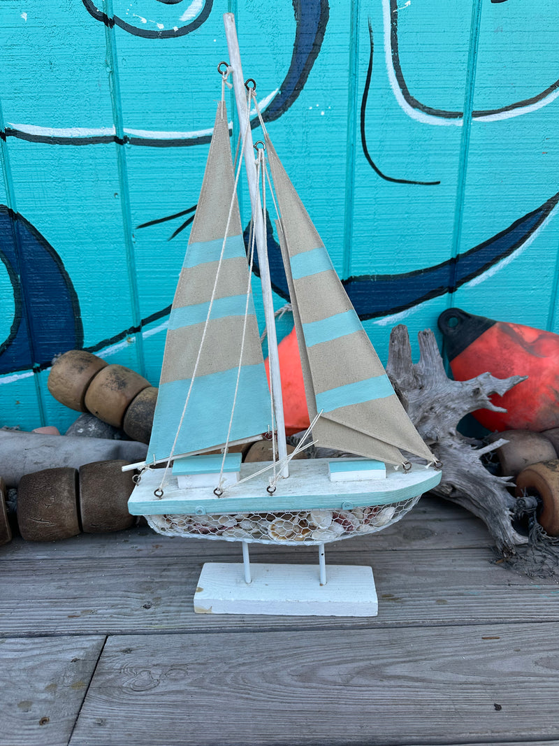 Large Wooden Sailboat with Seashells