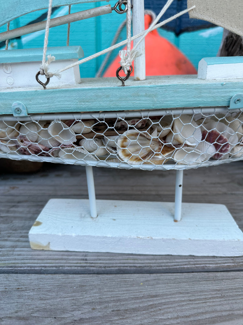 Large Wooden Sailboat with Seashells