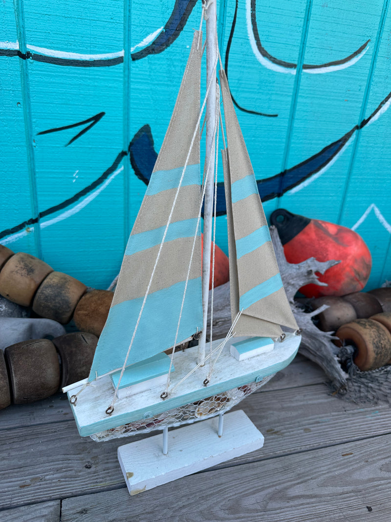 Large Wooden Sailboat with Seashells