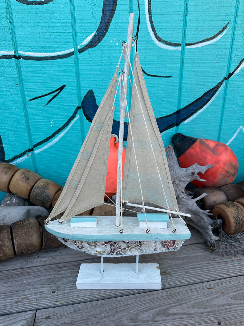 Large Wooden Sailboat with Seashells