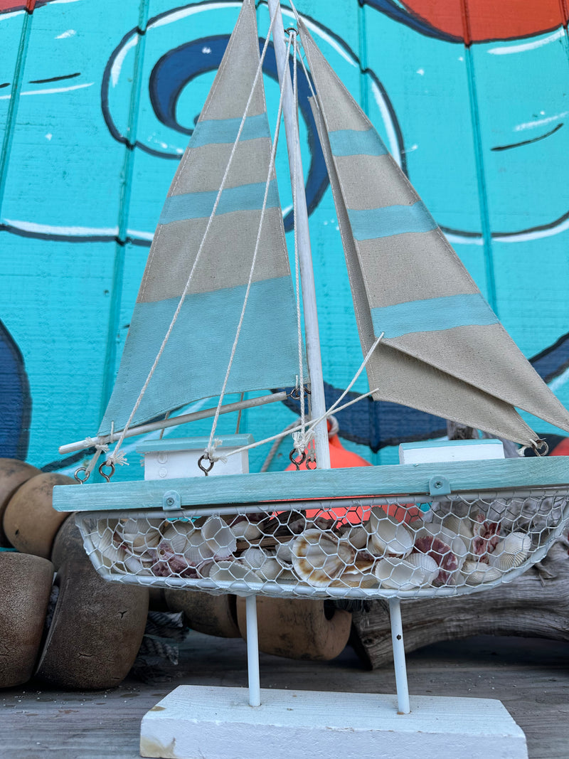 Large Wooden Sailboat with Seashells