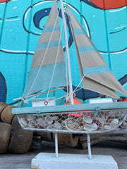 Large Wooden Sailboat with Seashells