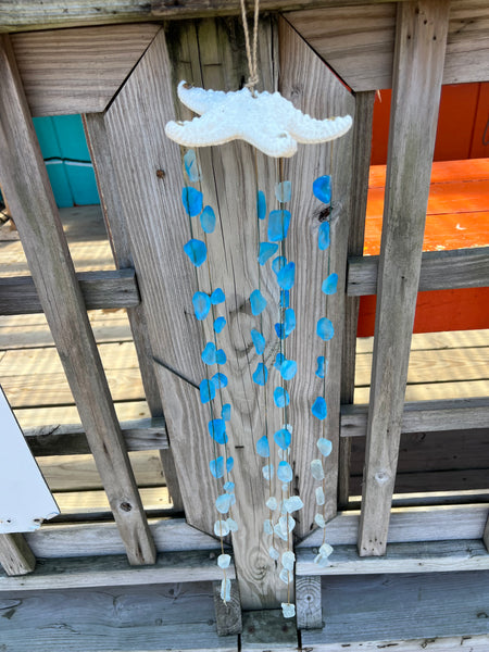 Blue Ceramic Ombre Light House Windchime with Shell and Starfish Accents