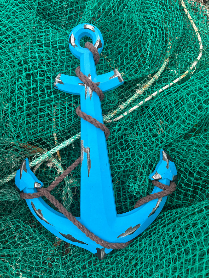 Blue Wooden Anchor with Brown Rope