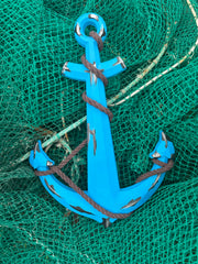 Blue Wooden Anchor with Brown Rope