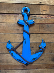 Blue Wooden Anchor with Brown Rope