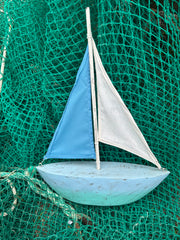 Blue & White Wooden Sailboat