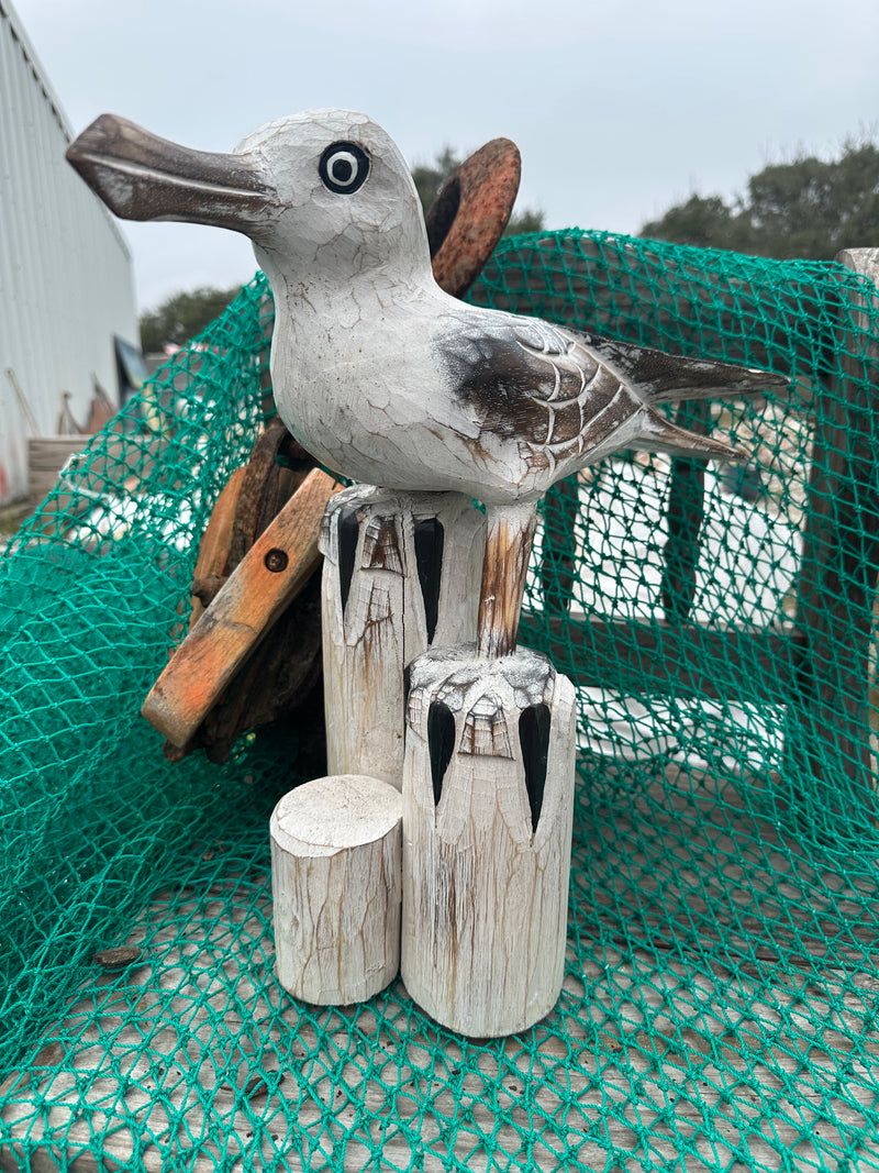 Wooden Seagull on Pilings Statue