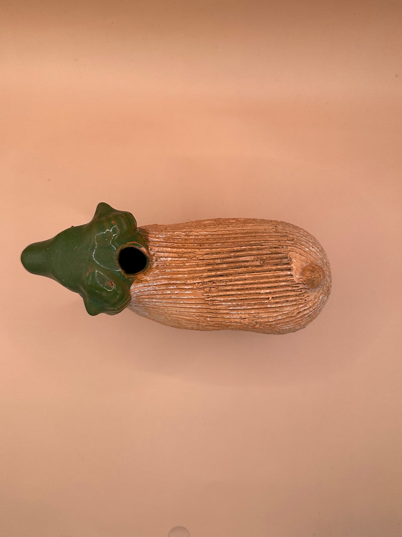 Top view of a vintage terra cotta ram chia pet, featuring the green-glazed head and an opening for planting.