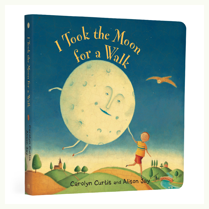 Cover of "I Took the Moon for a Walk" children's book featuring a boy walking hand-in-hand with the Moon through a nighttime landscape.